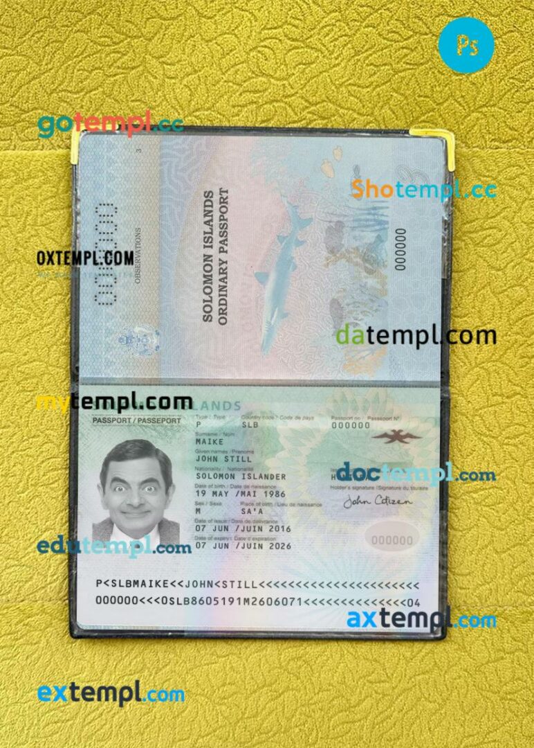 Solomon Islands passport editable PSD files with address page, scan and photo-realistic look
