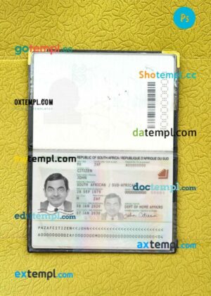 South Africa passport editable PSD files with address page, scan and photo-realistic look, 2020-present