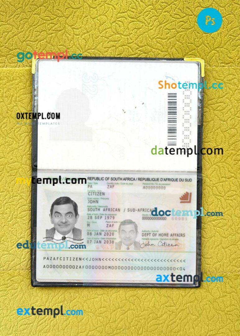 South Africa passport editable PSD files with address page, scan and photo-realistic look, 2020-present