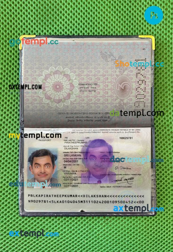 Sri Lanka passport editable PSD files with address page, scan and photo-realistic look, 2021-present