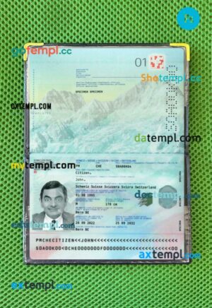 Switzerland passport editable PSD files with address page, scan and photo-realistic look, 2022-present