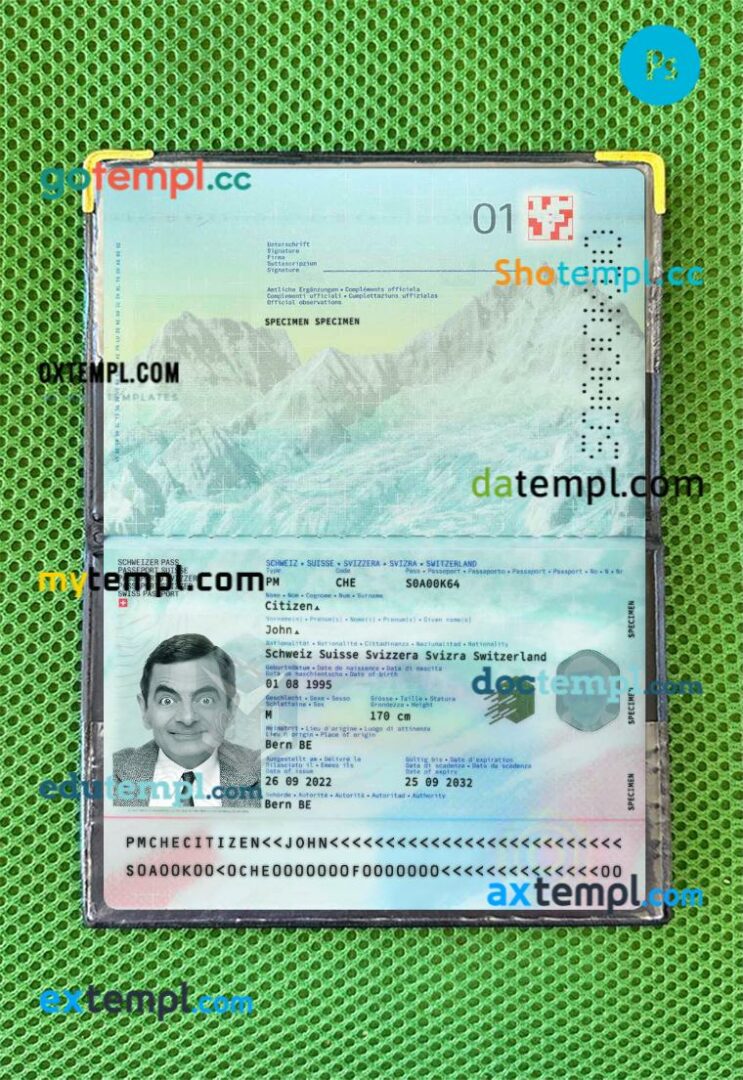 Switzerland passport editable PSD files with address page, scan and photo-realistic look, 2022-present