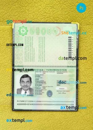 Turkmenistan passport editable PSD files with address page, scan and photo-realistic look, 2020-present