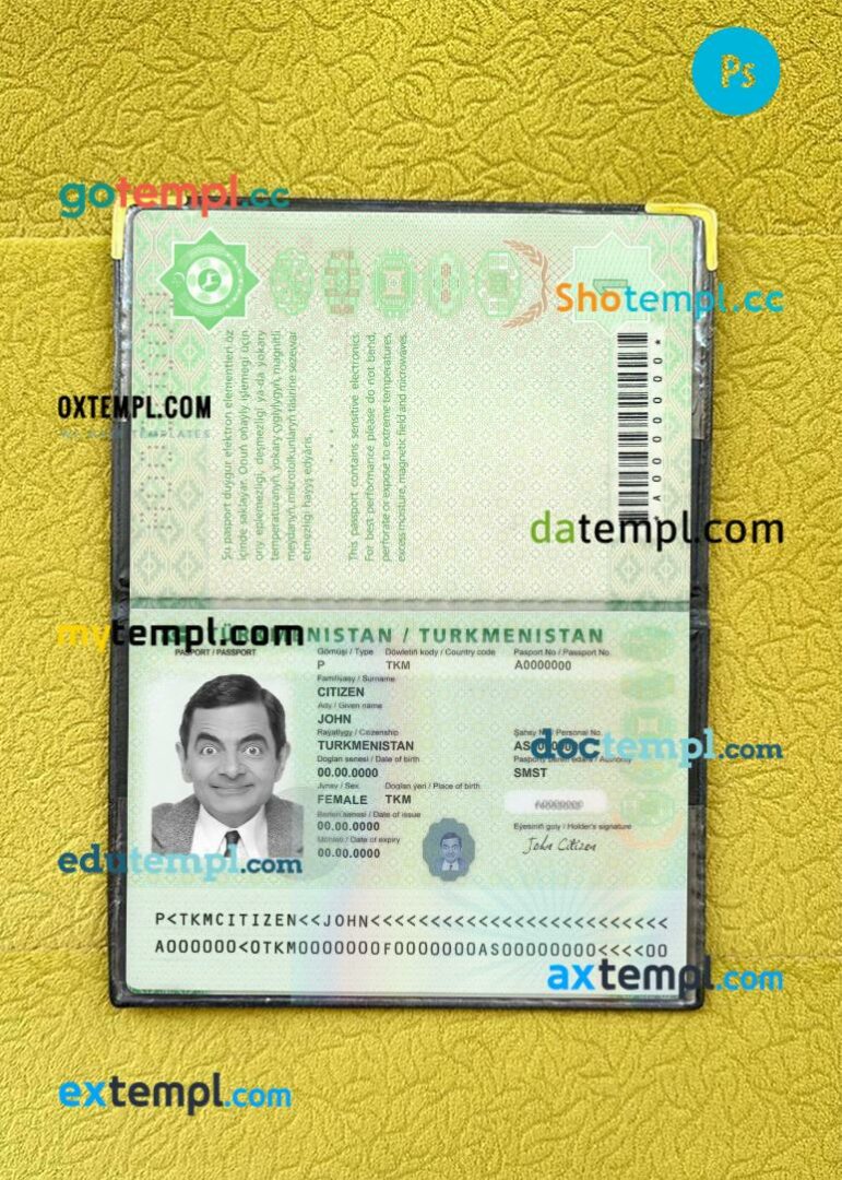 Turkmenistan passport editable PSD files with address page, scan and photo-realistic look, 2020-present