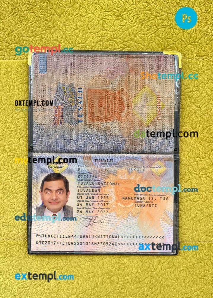 Tuvalu passport editable PSD files with address page, scan and photo-realistic look