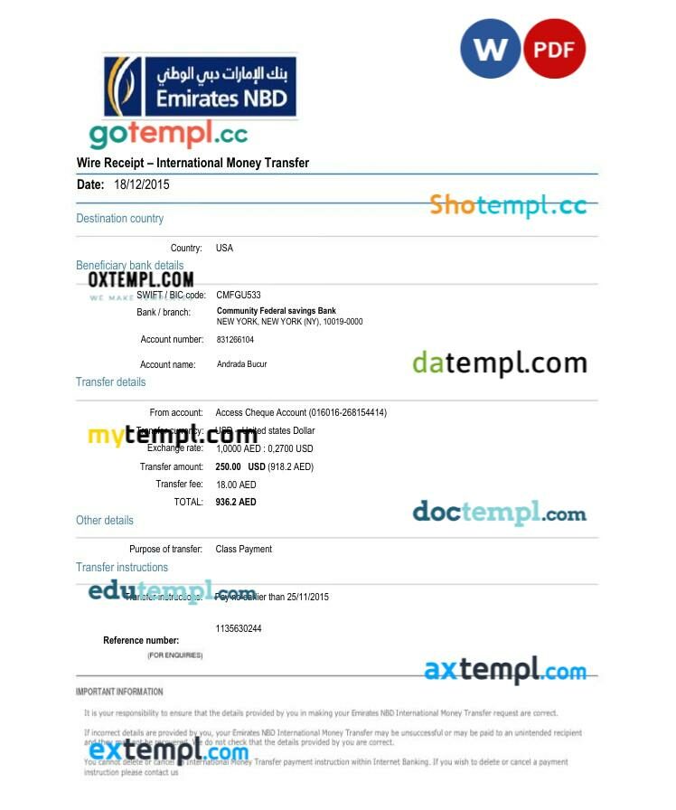 UAE NBD International Money Transfer template in Word and PDF format