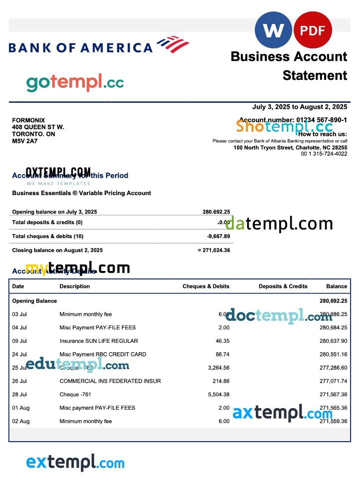 US Bank of America enterprise statement Word and PDF template