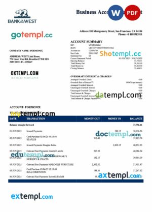 US Bank of the West company checking account statement Word and PDF template