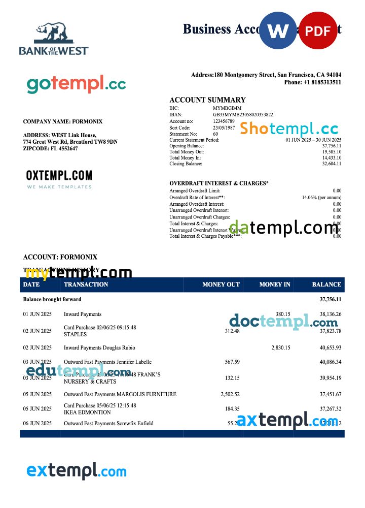 US Bank of the West company checking account statement Word and PDF template