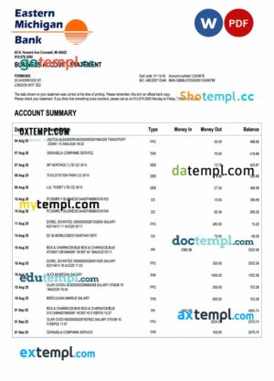 US Eastern Michigan organization checking account statement Word and PDF template