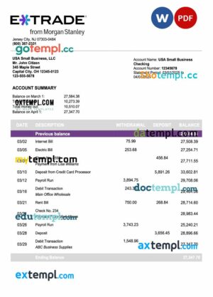 US Etrade company checking account statement Word and PDF template
