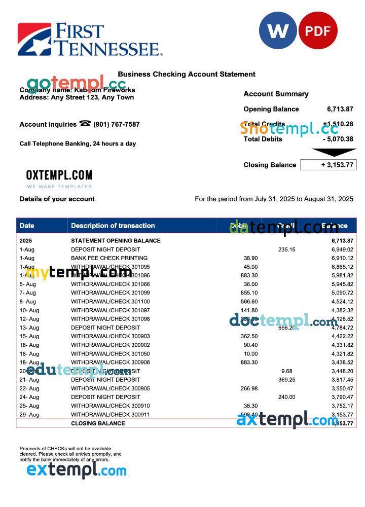 US First Tennessee business checking account statement Word and PDF template