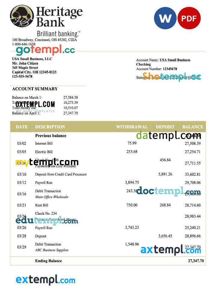 US Heritage business checking account statement Word and PDF template