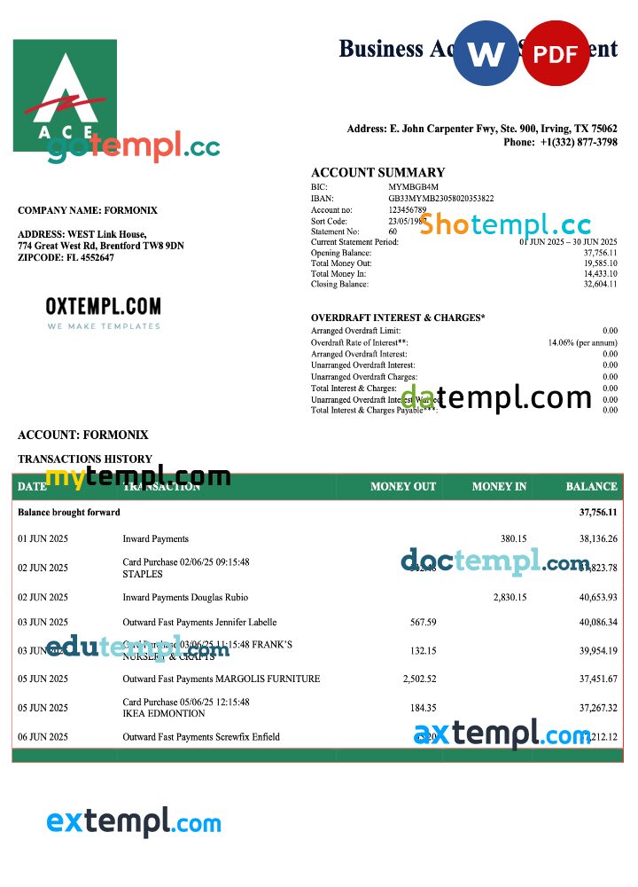 USA ACE business checking account statement Word and PDF template