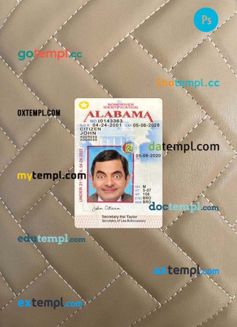 USA Alabama under 21 ID card editable PSD files, scan look and photo-realistic look, 2 in 1