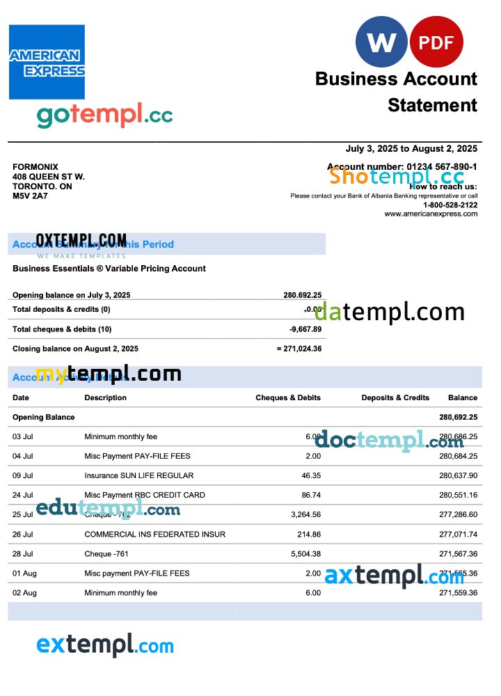 USA American Express firm account statement Word and PDF template