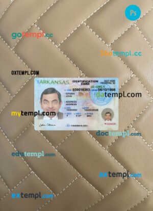 USA Arkansas ID card editable PSD files, scan look and photo-realistic look, 2 in 1