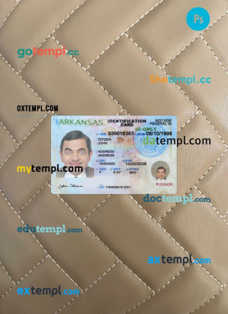 USA Arkansas ID card editable PSD files, scan look and photo-realistic look, 2 in 1