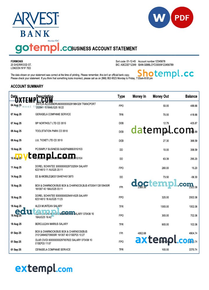 USA Arvest enterprise statement Word and PDF template