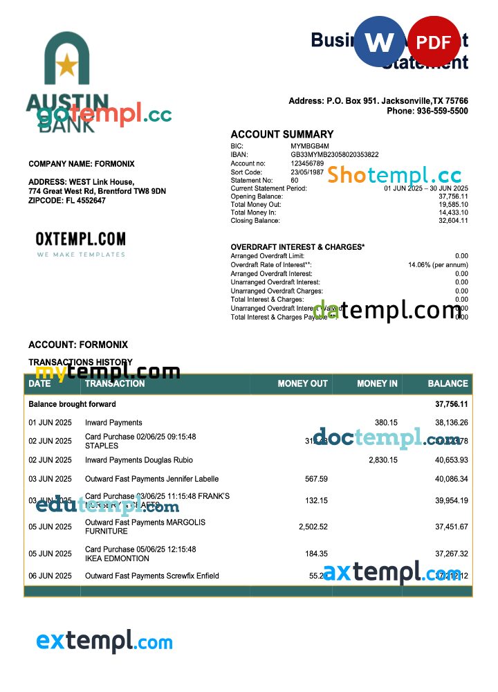 USA Austin firm account statement Word and PDF template