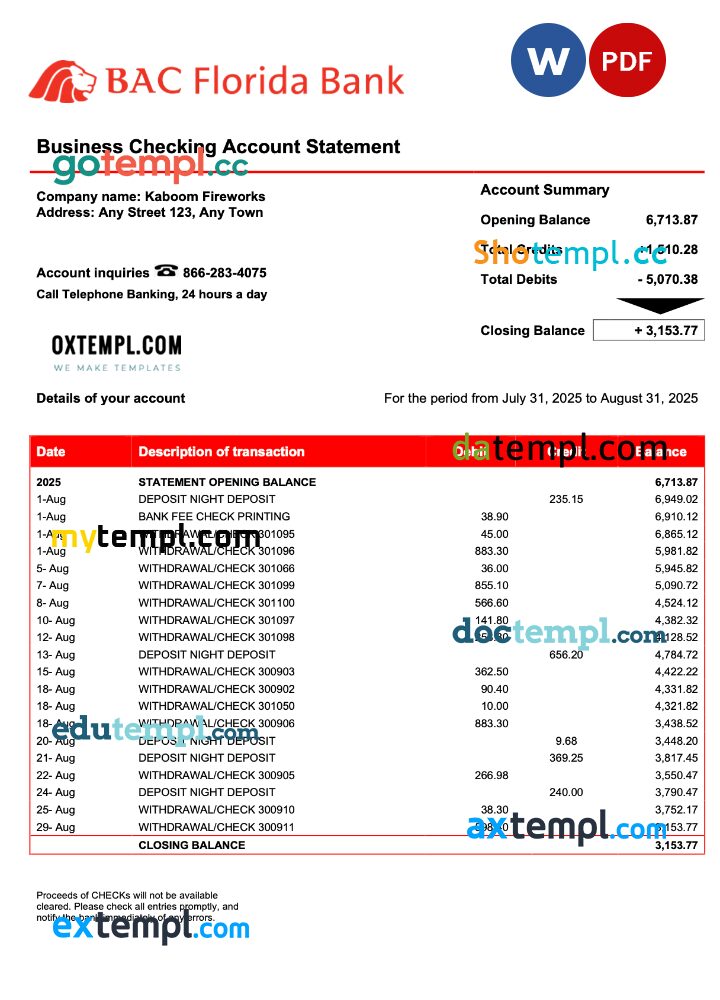 USA BAC Florida enterprise statement Word and PDF template