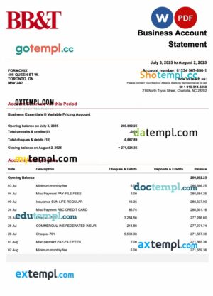USA BB&T Corp firm account statement Word and PDF template