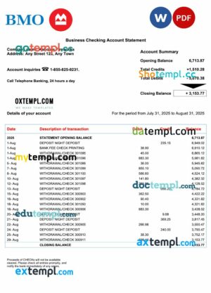 USA BMO Bank of Montreal business checking account statement Word and PDF template