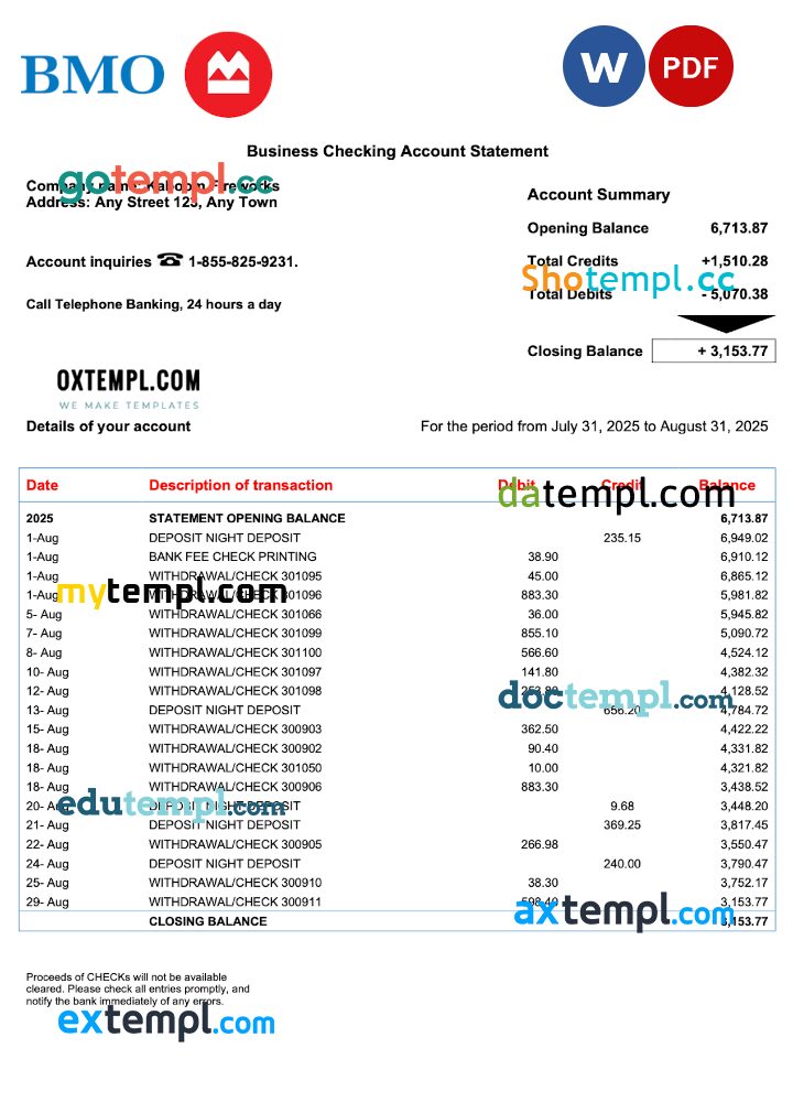 USA BMO Bank of Montreal business checking account statement Word and PDF template