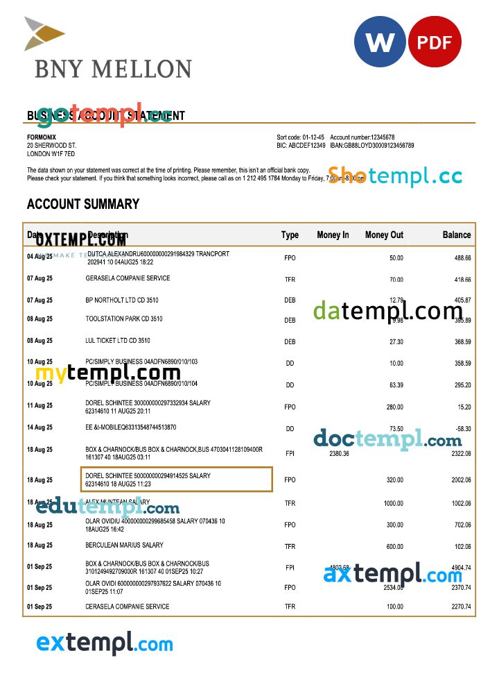 USA Bank of New York Mellon organization statement Word and PDF template