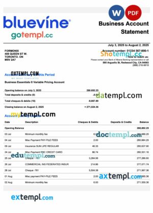 USA California BlueVine business checking account statement Word and PDF template