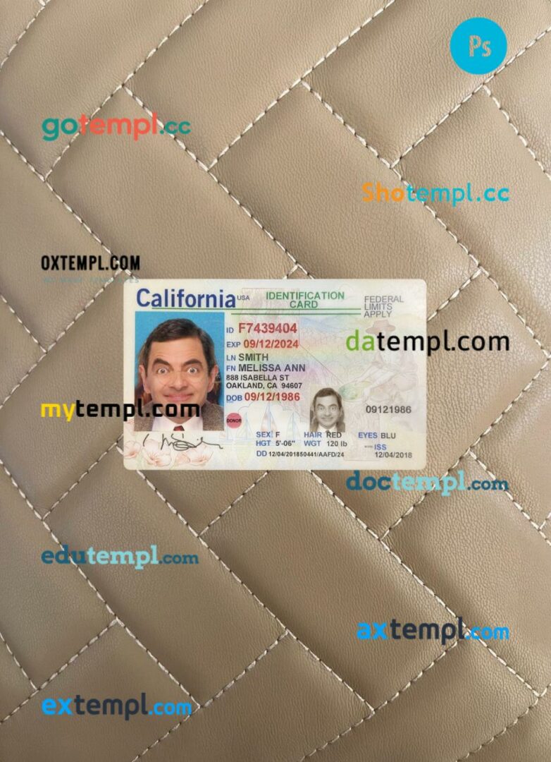 USA California ID card editable PSD files, scan look and photo-realistic look, 2 in 1