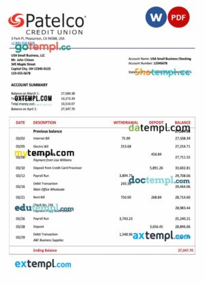 USA California Patelco Credit Union firm account statement Word and PDF template