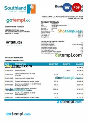 USA California Southland Credit Union business checking account statement Word and PDF template