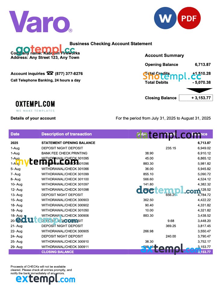 USA California Varo organization checking account statement Word and PDF template