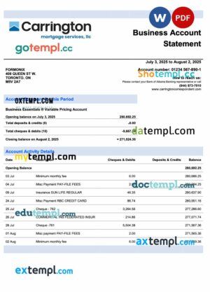 USA Carrington Mortgage Services business checking account statement Word and PDF template