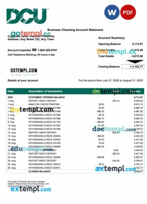 USA DCU company checking account statement Word and PDF template