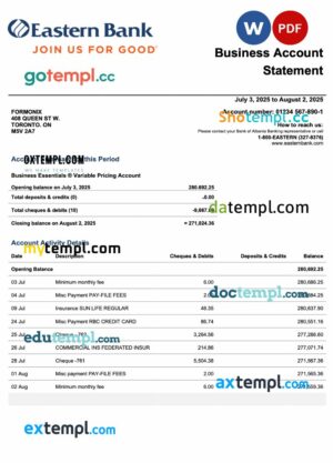 USA Eastern company checking account statement Word and PDF template