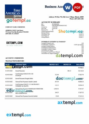 USA First America Bank company checking account statement Word and PDF template
