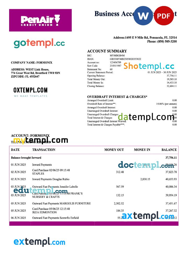 USA Florida PenAir Credit Union organization statement Word and PDF template