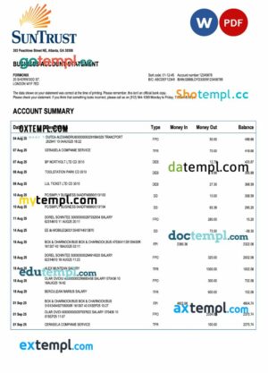 USA Georgian Sun Trust enterprise account statement Word and PDF template