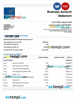USA Indiana Centier firm account statement Word and PDF template
