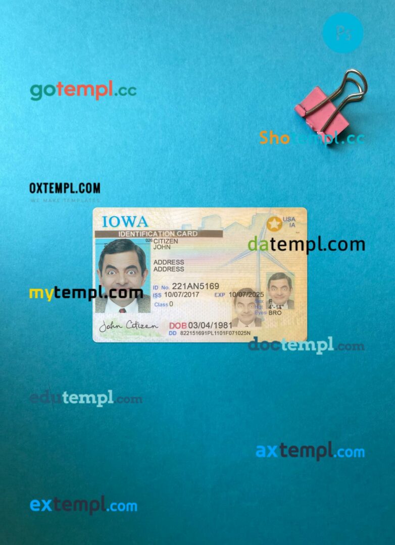 USA Iowa ID card editable PSD files, scan look and photo-realistic look, 2 in 1