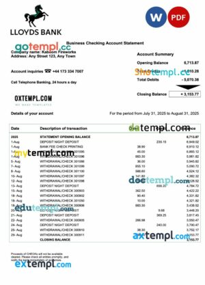 USA Lloyds enterprise account statement Word and PDF template