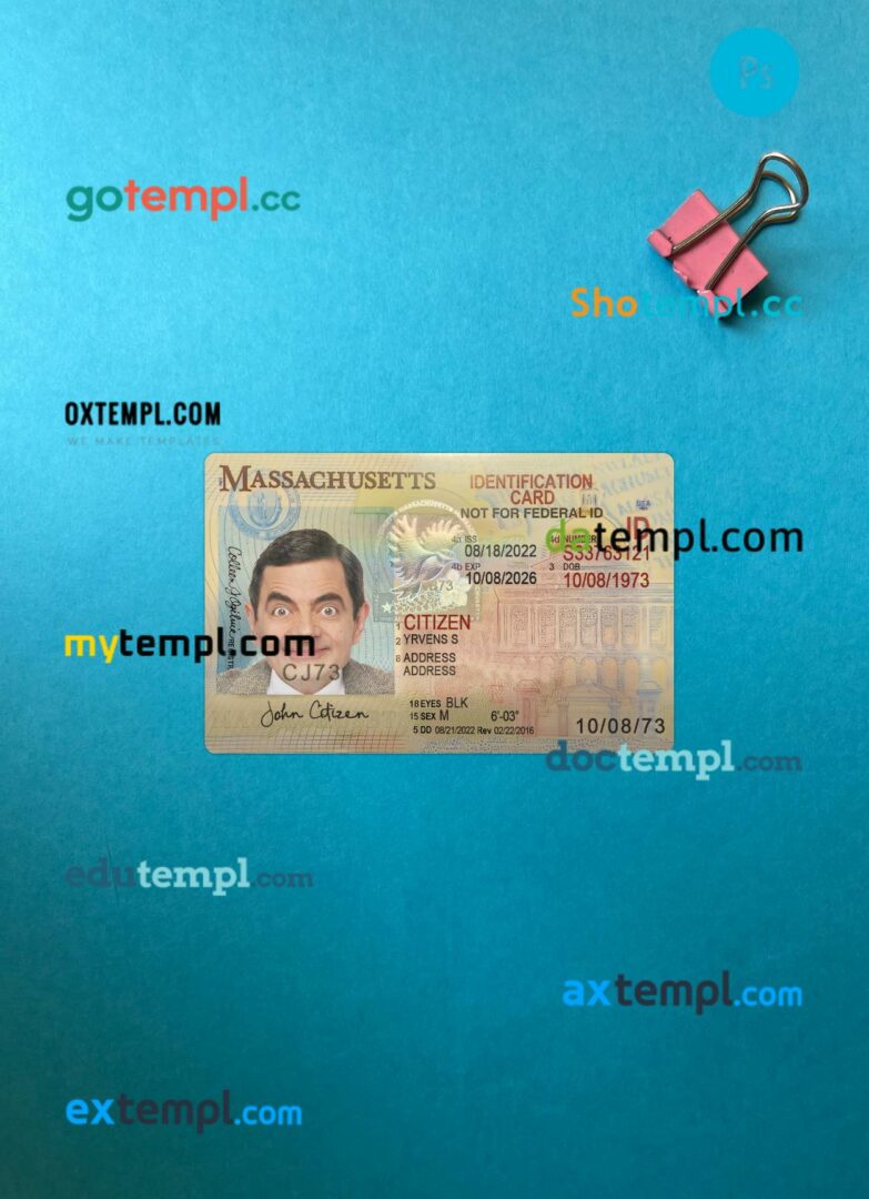 USA Massachusetts ID card editable PSD files, scan look and photo-realistic look, 2 in 1
