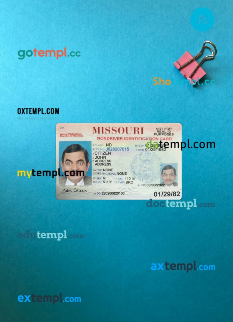 USA Missouri ID card editable PSD files, scan look and photo-realistic look, 2 in 1