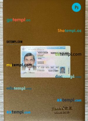 USA New Hampshire ID card editable PSD files, scan look and photo-realistic look, 2 in 1