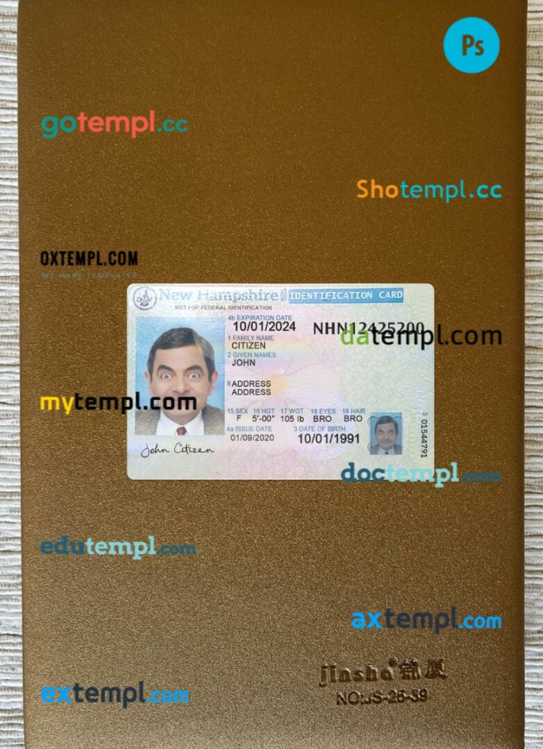 USA New Hampshire ID card editable PSD files, scan look and photo-realistic look, 2 in 1