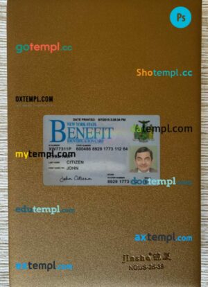 USA New York Benefit ID card editable PSD files, scan look and photo-realistic look, 2 in 1