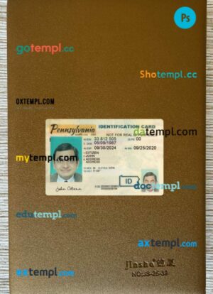 USA Pennsylvania ID card editable PSD files, scan look and photo-realistic look, 2 in 1