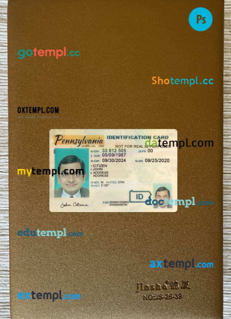 USA Pennsylvania ID card editable PSD files, scan look and photo-realistic look, 2 in 1